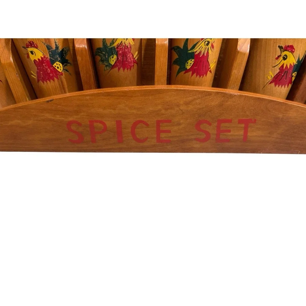 Vintage Wooden Spice Rack Rooster 6 Spice Containers Decor